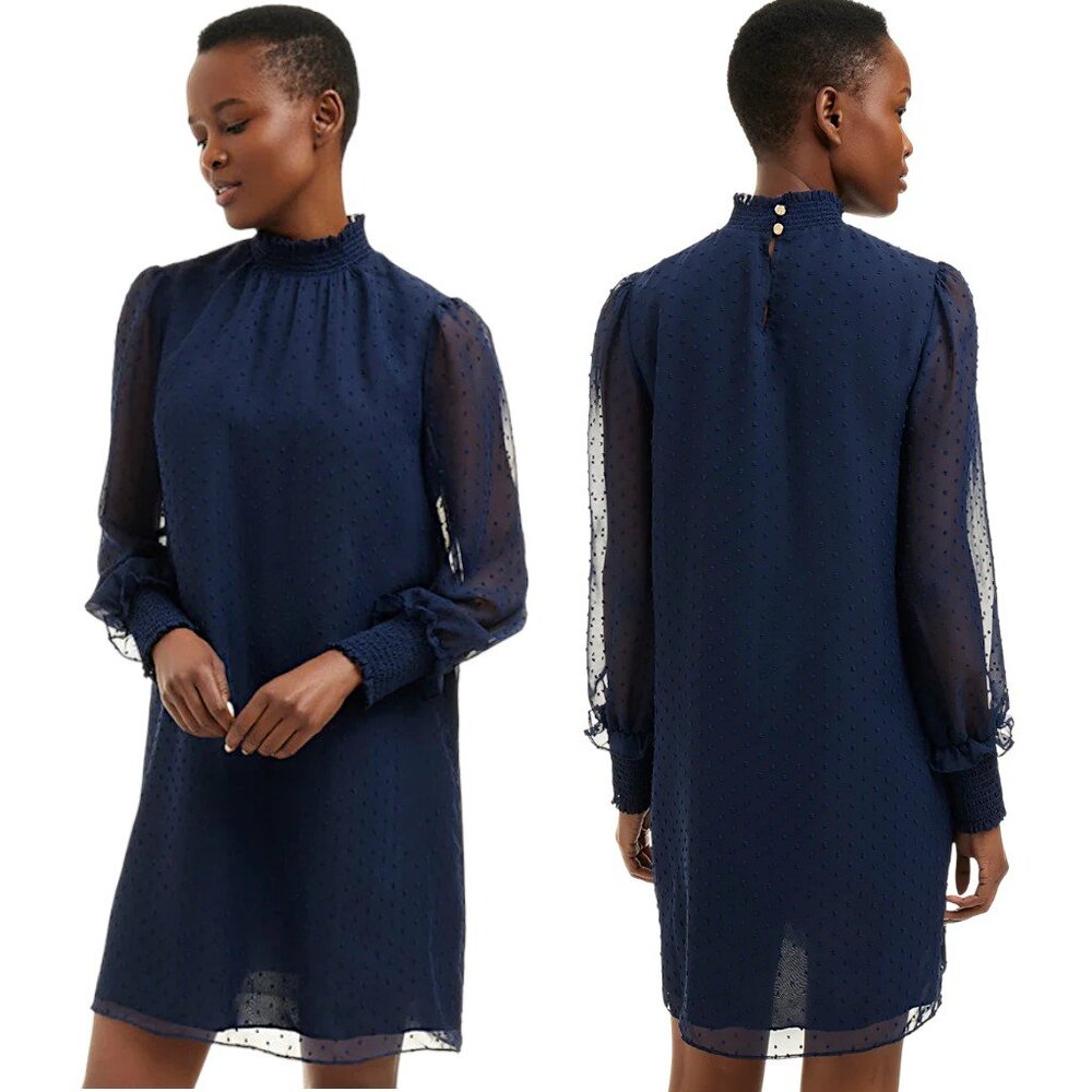 Draper James Lindsay Navy Blue Swiss Dot Long Sleeve Dress Women's Size M